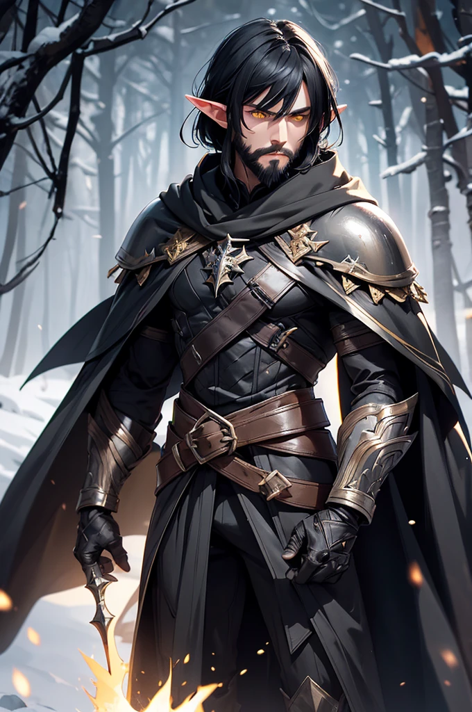 Man, black armor. black cloak. black hair, Parted bangs. yellow eyes. elf ears, winter background, stern looks, males short hair, beard