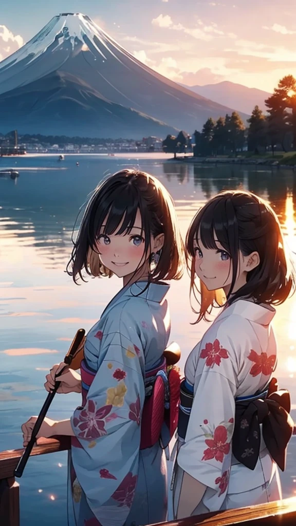 Highest quality、Lakeside in front of the mountain、Fuji Mountain、summer、evening、The sunset sky is beautiful、outside of home、young、Smile on screen、Beauty with attention to detail、picnic、Open the parasol、kimono、taisho roman --auto