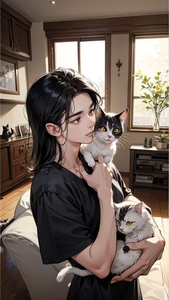 คู่รัก,Still face, black hair, Multiple cats,Carrying a cat, living room