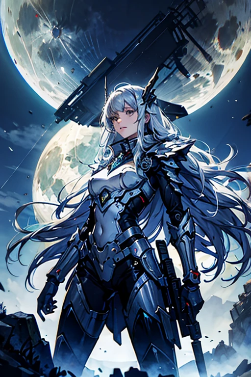 Rennala, Queen of the Full Moon from the game Elden Ring should have their outfit changed to a mecha pilot style while retaining their original appearance. Their signature robot should be positioned behind them.