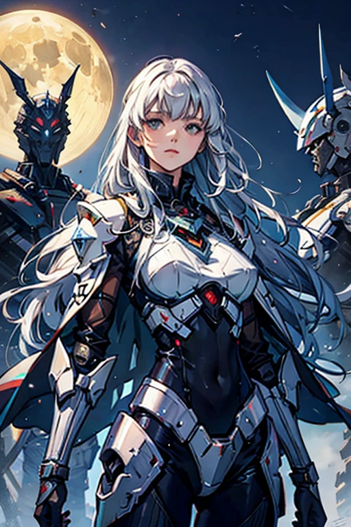 Rennala, Queen of the Full Moon from the game Elden Ring should have their outfit changed to a mecha pilot style while retaining their original appearance. Their signature robot should be positioned behind them.