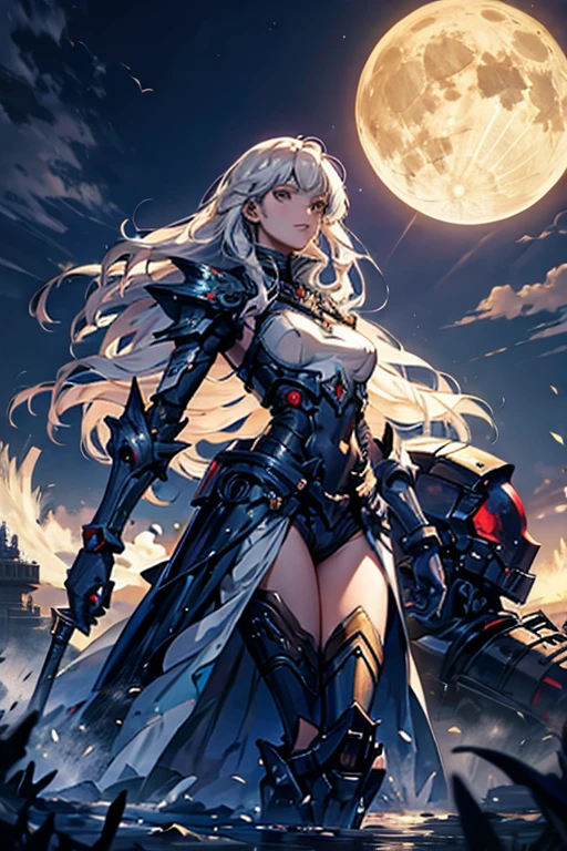 Rennala, Queen of the Full Moon from the game Elden Ring should have their outfit changed to a mecha pilot style while retaining their original appearance. Their signature robot should be positioned behind them.