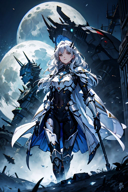 Rennala, Queen of the Full Moon from the game Elden Ring should have their outfit changed to a mecha pilot style while retaining their original appearance. Their signature robot should be positioned behind them.