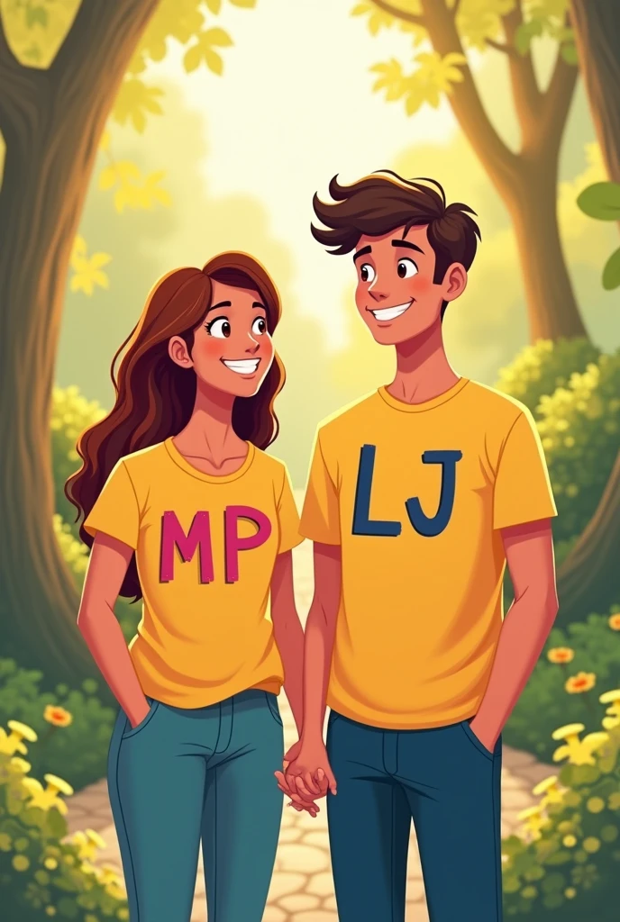 Create an image of a couple waring shirt wit tag Mp is for boy and Lj for girl