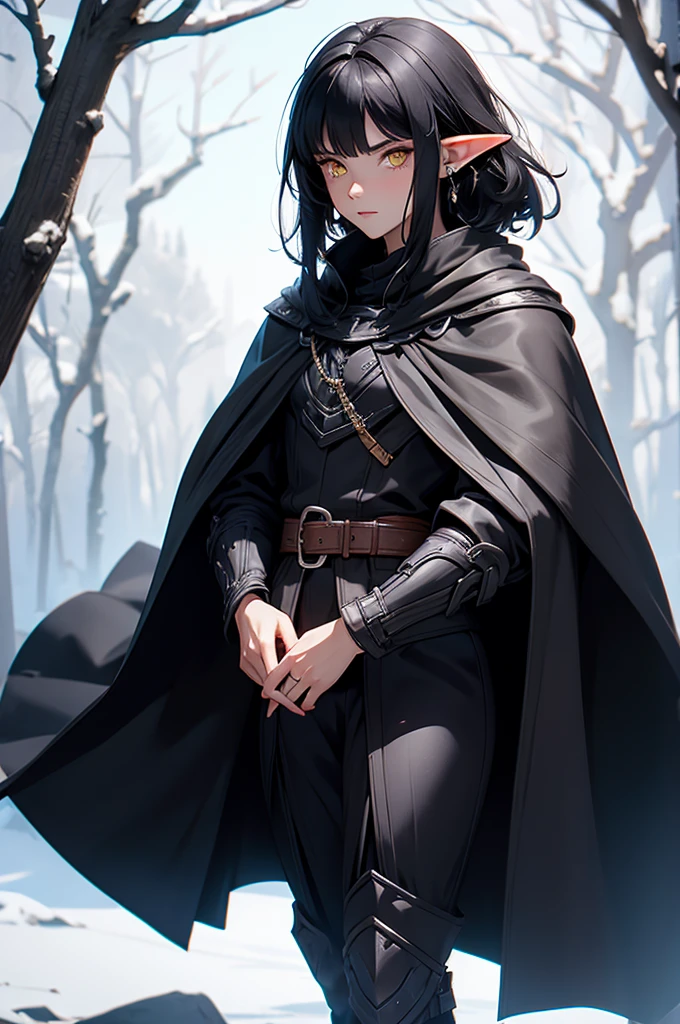 Man, black armor. black cloak. black hair, Parted bangs. yellow eyes. elf ears, winter background, stern looks, males short hair, beard