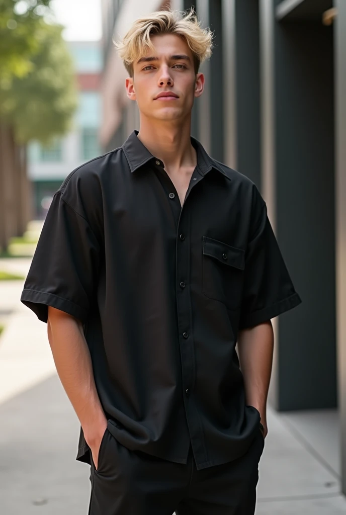 GU's easy care sheer oversized(black)Handsome male college student wearing。I would like my hair to be a blonde mash。