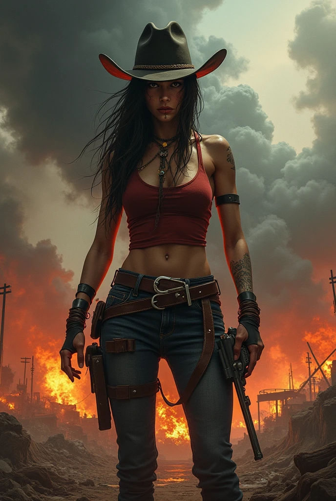Meilleure qualité, ultra-détaillé, Réaliste, d'apocalypse, cowgirl féroces et intimidants, nuages noirs menaçants et ciel orageux, le feu et la fumée, style artistique audacieux et agressif, palette de couleurs vives et sombres, atmosphère sinistre et épique, décor infernal et chaotique, destruction apocalyptique et chaos