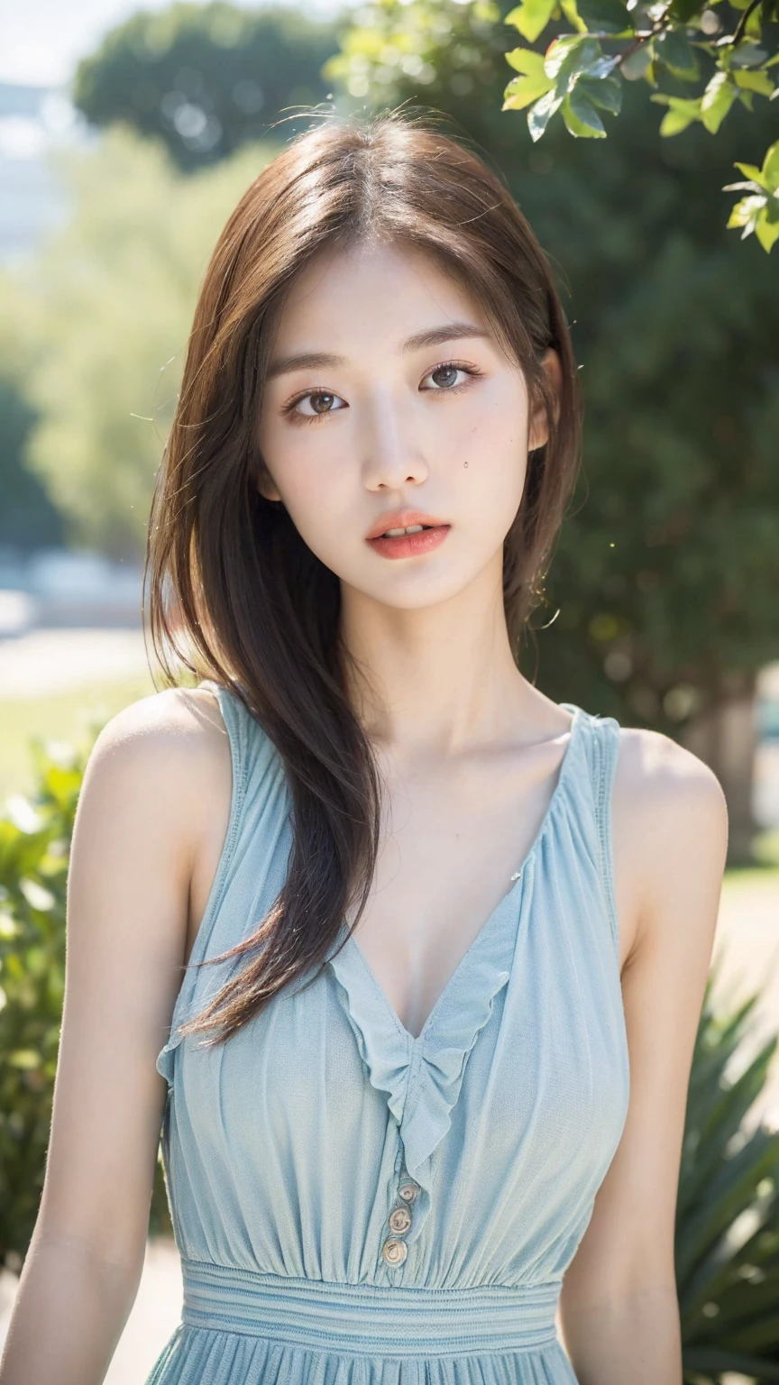 ((Best quality, 8k, masterpiece:1.3)),1girl,18 years old,Asian,Real texture:1.3,(Background blur:1.3),Dress,Tall and slender figure:1.2,(Hot summer weather),Highly detailed face and skin textures,Exquisite eyes,Long eyelashes,Double eyelids,Skin Whitening,happy,Beautiful breasts