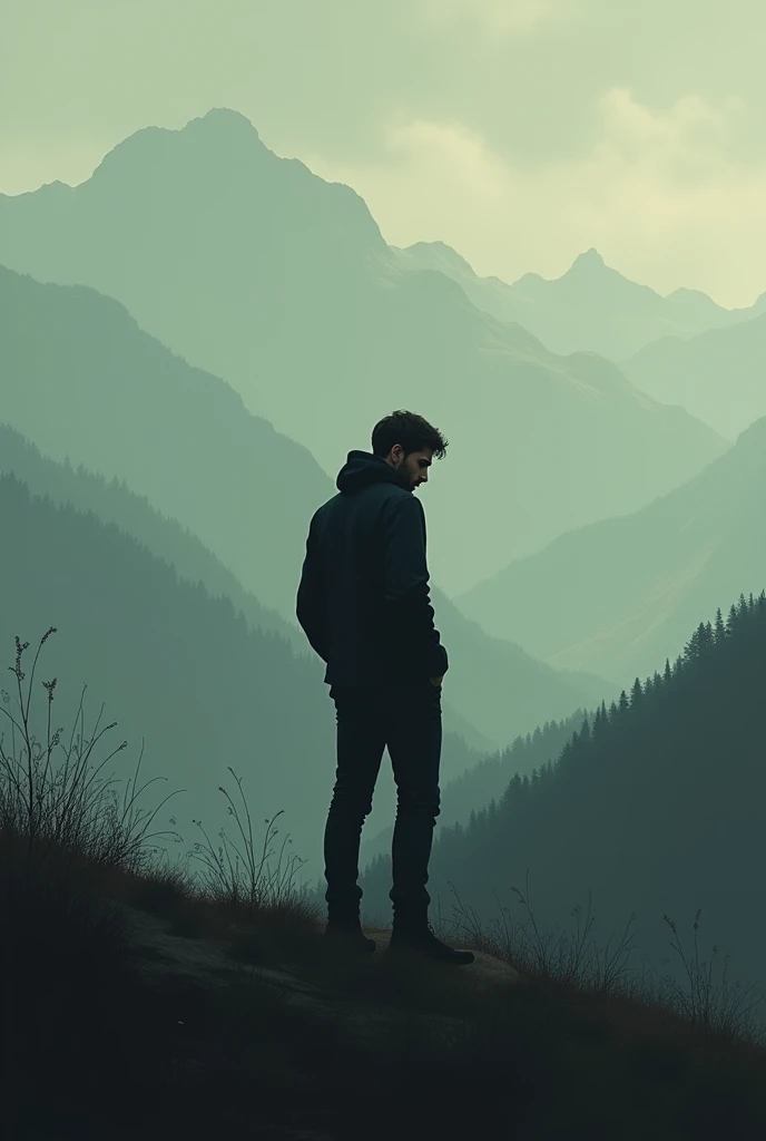A person alone but contemplating his loneliness with a landscape behind him