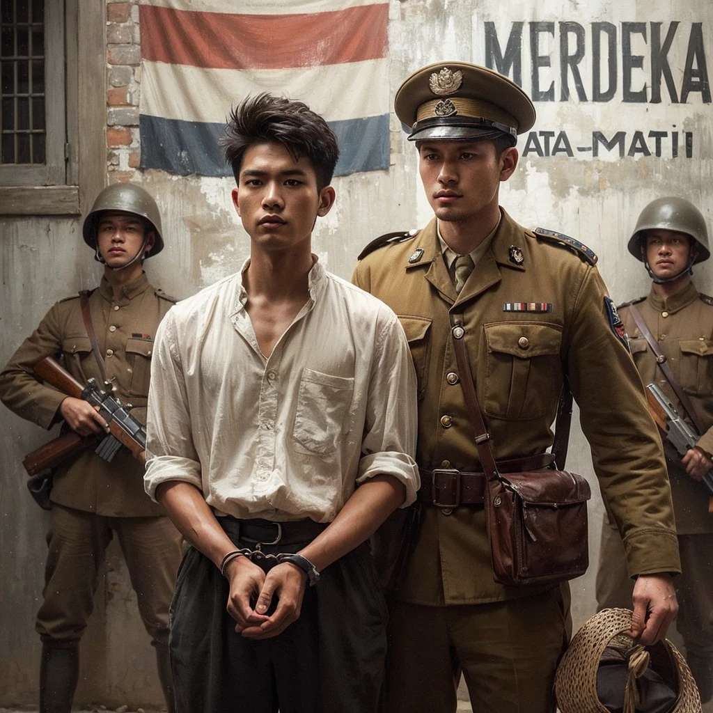 colonial atmosphere in 1942, two dutch soldiers guarding the middle of the old city of malang , with the dutch flag symbol. A 25-year-old Asian man with short and spiky hair wearing a white shirt and black pants,With his hands handcuffed in front of a Dutch colonial soldier holding his hand from behind .vintage atmosphere, dull wall with the words "MERDEKA ATAU MATI" very realistic oil painting style, details