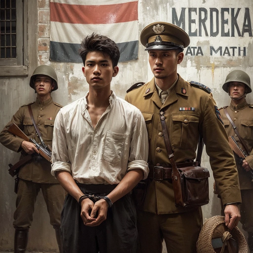 colonial atmosphere in 1942, two dutch soldiers guarding the middle of the old city of malang , with the dutch flag symbol. A 25-year-old Asian man with short and spiky hair wearing a white shirt and black pants,With his hands handcuffed in front of a Dutch colonial soldier holding his hand from behind .vintage atmosphere, dull wall with the words "MERDEKA ATAU MATI" very realistic oil painting style, details