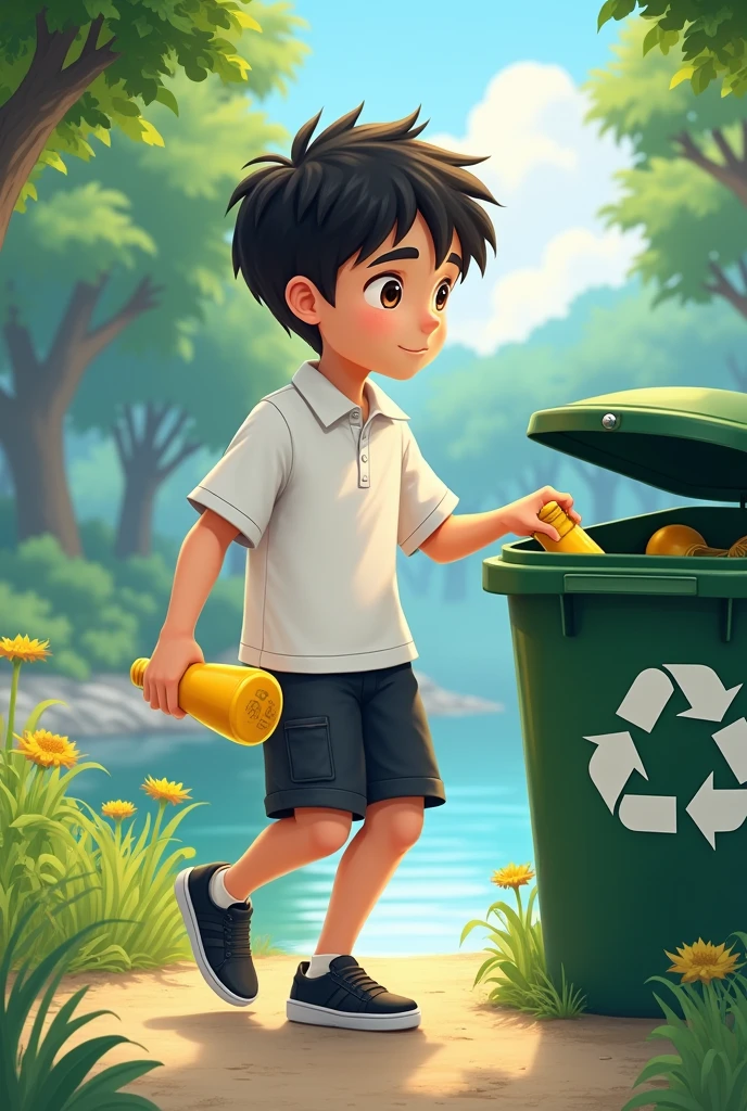 Nico  boy ( Brown eyes, black hair and white skin, He is wearing a white polo shirt, black shorts and black sneakers)  He walks to a recycling bin in the river and deposits the yellow bottle inside..
