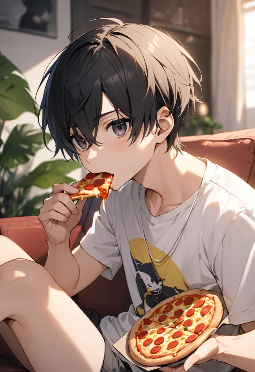 1 person male Black short hair Dark Eyes Summer clothes Sitting on the living room sofa eating pepperoni pizza Blurred Background