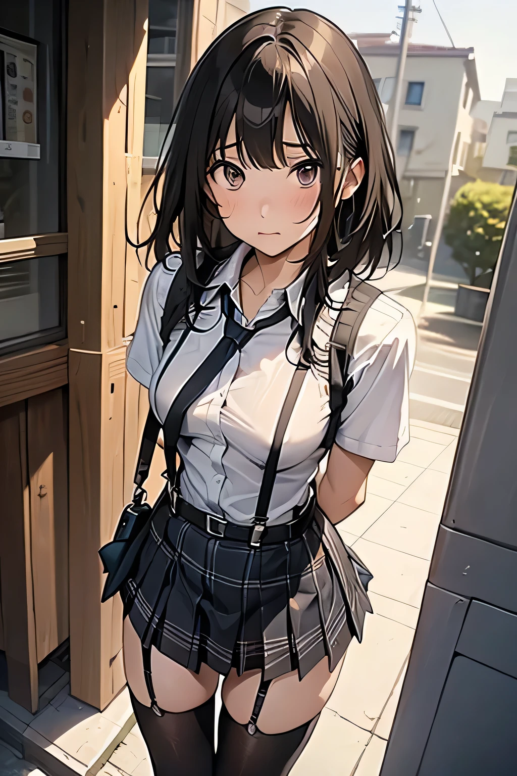1 female, , high quality, masterpiece, Ultra-high resolution, Cinema Lighting, 1 female, , high quality, masterpiece, Ultra-high resolution, , Cinema Lighting, suspenders Moderate breasts Small face Looking up Sweat Thin belt buzzer 脇Sweat garter belt Belt on pants holster Hands behind your back Looking up Anxious face Knee-high Knee socks Knee-highソックス garter ふとももにgarter belt Checkered mini skirt Panty shot Skirt gap Armament holster holster Hands behind your back Anxious expression Anxious face, legs apart Armament Leg Holster holster See-through clothing heavy rain Rain-soaked dress shirt,Moderate breasts ガーターbelt suspenders Garter on the thigh Checkered mini skirt Looking up Pause belt Armpit sweat Hands behind back Raise your hands