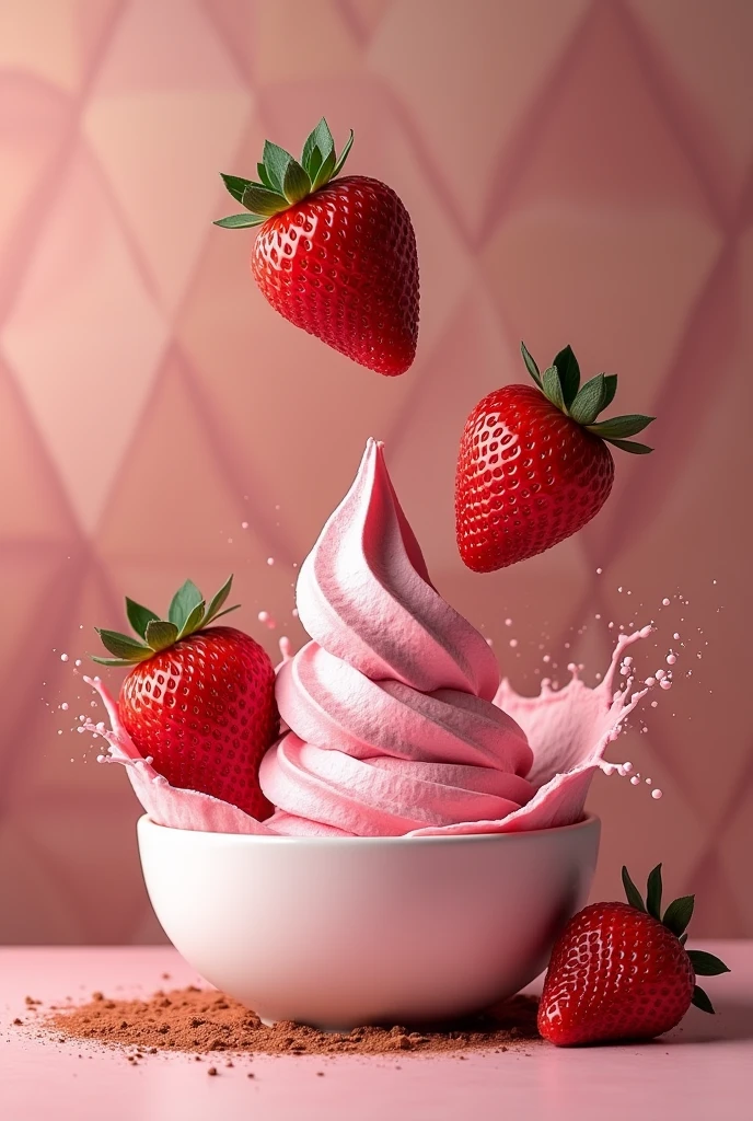 Three large strawberries fall into a bowl of pink ice cream，Chocolate powder in ice cream，Ice cream splash,,  ,GEOMETRIC WALL PORTRAIT, Artistically, Red Cliff,yang08k, , dyeing,