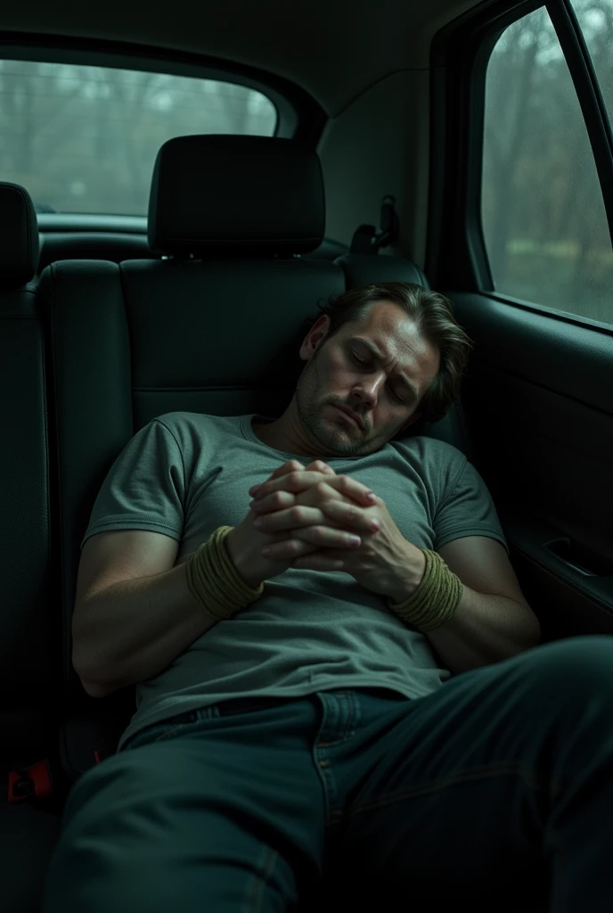 A man sleeping in a cars back seat with his hands tied up