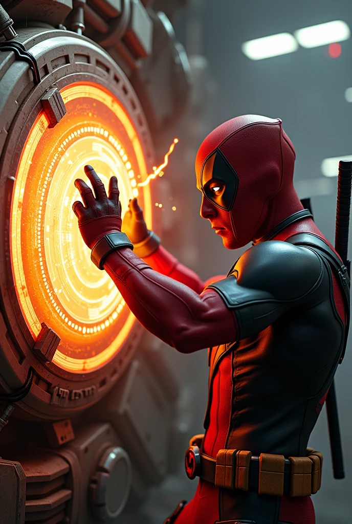 Deadpool grabbing the arc reactor with his hand