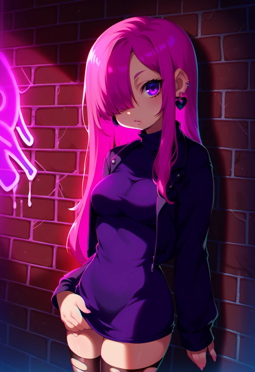 score_9, score_8_up, score_7_up, detailed, 1girl, solo, intricate details, chromatic aberration, realistic, long hair, pink hair, red head ornament, pink highlights, hair over one eye, purple eyes, earrings, sharp eyes, choker, neon shirt, torn legwear, open jacket, turtleneck sweater, night,against wall, brick wall, graffiti, dim lighting, alley, looking at viewer