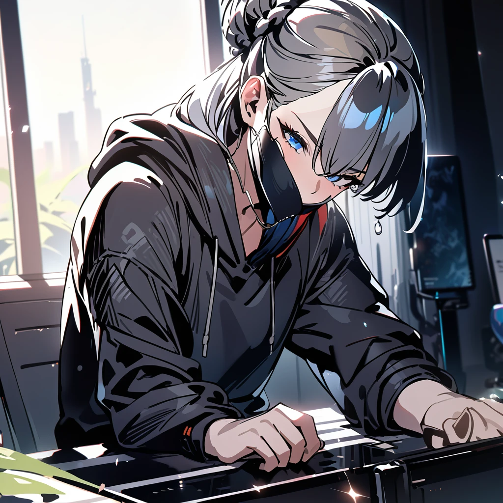 a man with shoulder-length white-gray hair in a mallow hairstyle, beautiful detailed blue eyes, pale skin, wearing a black hoodie, (best quality,4k,8k,highres,masterpiece:1.2),ultra-detailed.
