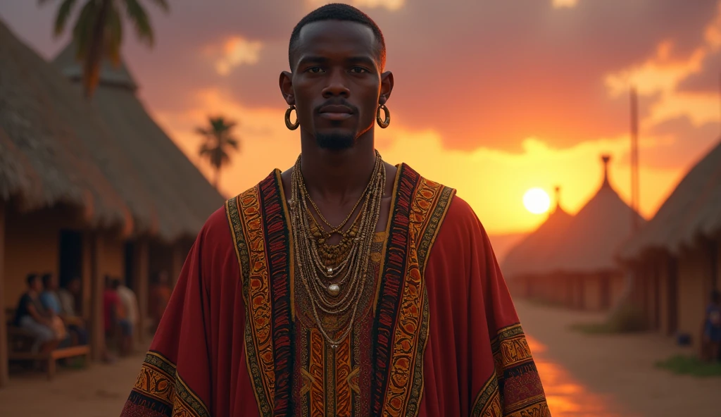 (African folktale) mandla the young prince his expression a mix of determination and pride.
He is dressed in rich, vibrant robes that signify his royal heritage, he is 22 years old young man.
One evening, as the sun dipped below the horizon and the village was bathed in the glow of twilight, Mandla approached his father.