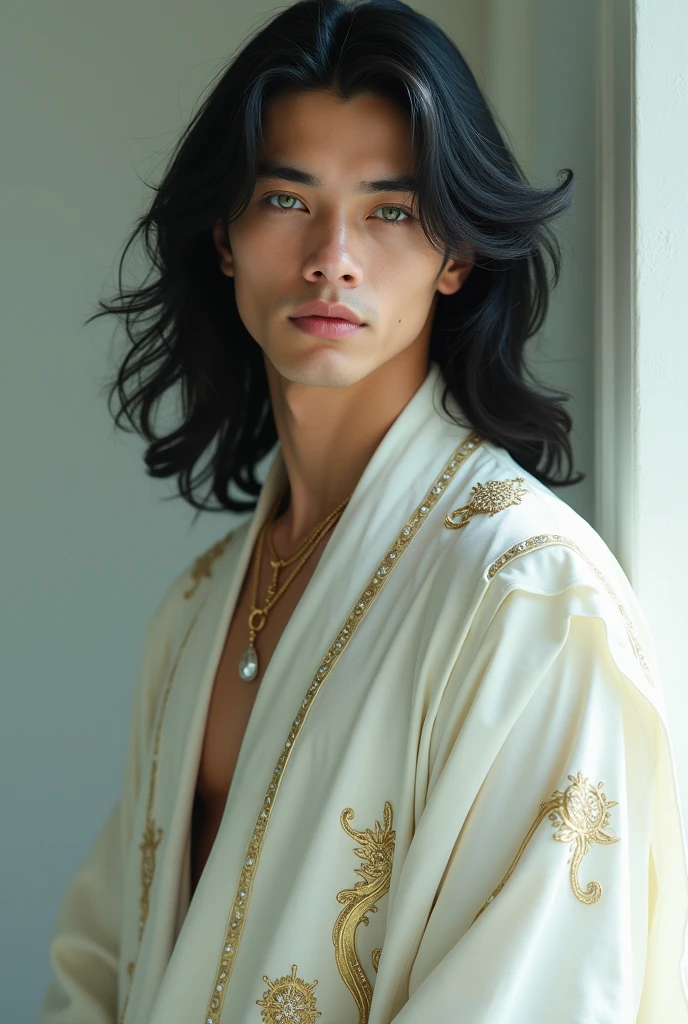 black hair, light green eyes, Man in his 20s, portrait, Dressed in white and wearing jewels, Sacredness