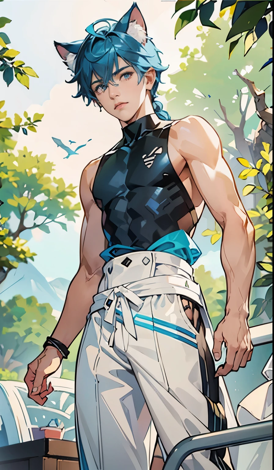 Abdominal muscles, Male teenager role, Handsome male teenager character, Blue Hair，Cat ears，There is a cat tail，Sportswear，tall and thin male model，Attractive male,, masterpiece, YuOC, PivY, Arknights, (Extremely detailed CG unity 8k wallpaper), (best quality), (Best Illustration), (Correct hand details), Have thin muscles, Extremely high quality, (abyss), Beautiful and delicate light, Artworks by Peter Mohr Bacher,4k anime, A boy with a beautiful face, Attractive face and figure , Face the camera, Male characteristics