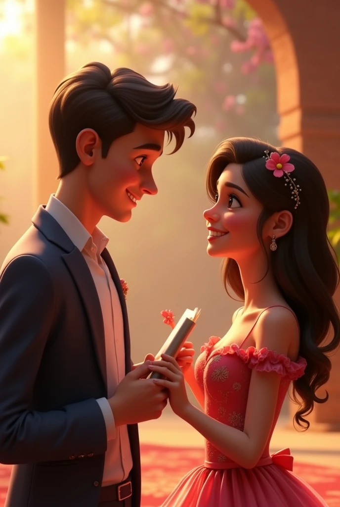 A young man giving his pretty wife a document,3d , pixar disney style, cinematic masterpiece, aesthetic