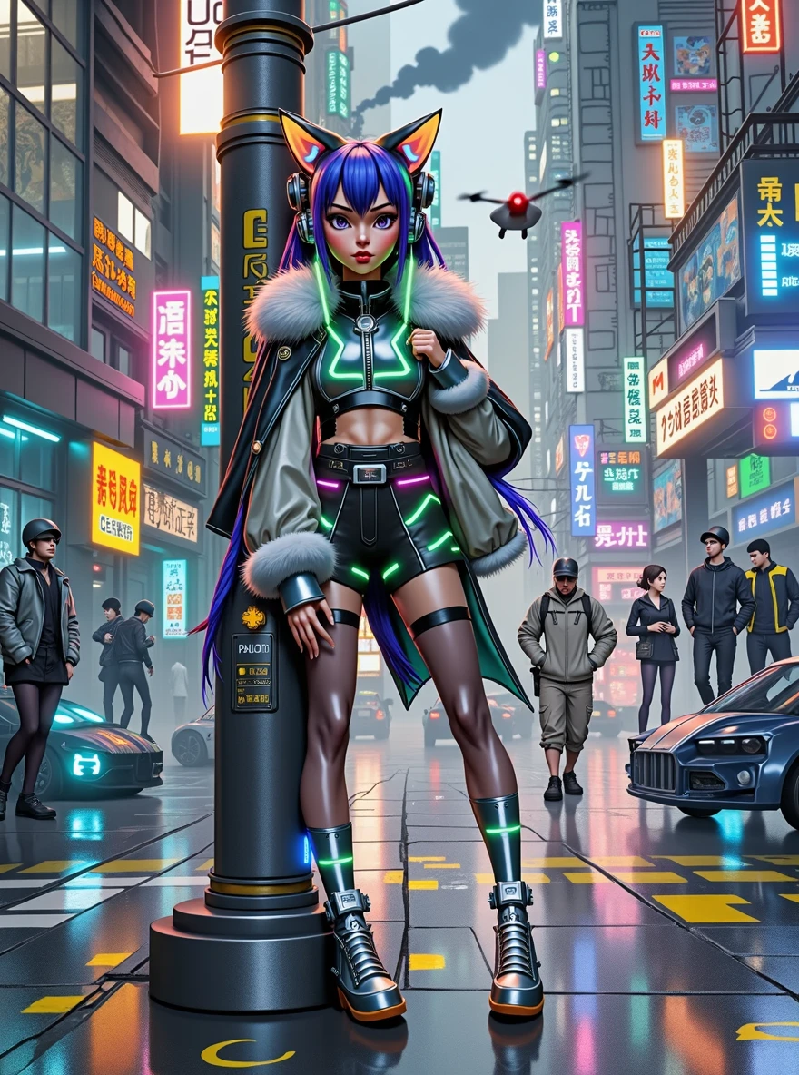 A young Chinese anime-style girl，Have large, expressive eyes、Cute nose and delicate lips，She is characterized by colorful long hair and shiny cyber accessories.。She has cat-like mechanical ears implanted on her head.。Wearing tight synthetic cyberpunk clothing，Comes with metal and luminous inserts，A wide fur collar cape draped over the shoulders。She leaned against a wall or a lamppost，Showing a mixed emotion：Melancholy、Rebellion and determination。Her South Asian stance looks relaxed but firm.，One leg is bent at the knee and the other leg is flat on the ground，Hands seem to be clasped behind the back。Her eyes reveal the experience of living in a harsh cyberpunk world。She stands against the backdrop of a futuristic city - tall buildings made of glass and metal、Neon Signs、Rainy streets filled with flying cars and、The smoke-emitting factory in the distance and the holographic cards。There is a patrol on her street，A group of European and American people dressed in cyberpunk style are talking in a dim alley，There are homeless people at the door.。Other elements include flying drones、Suspended garbage、Illuminated signs on buildings and bionic body modifications such as light-emitting implants and augmented limbs。Other characters of various ethnic backgrounds can be seen around - possibly friends、Enemy or Bystander。