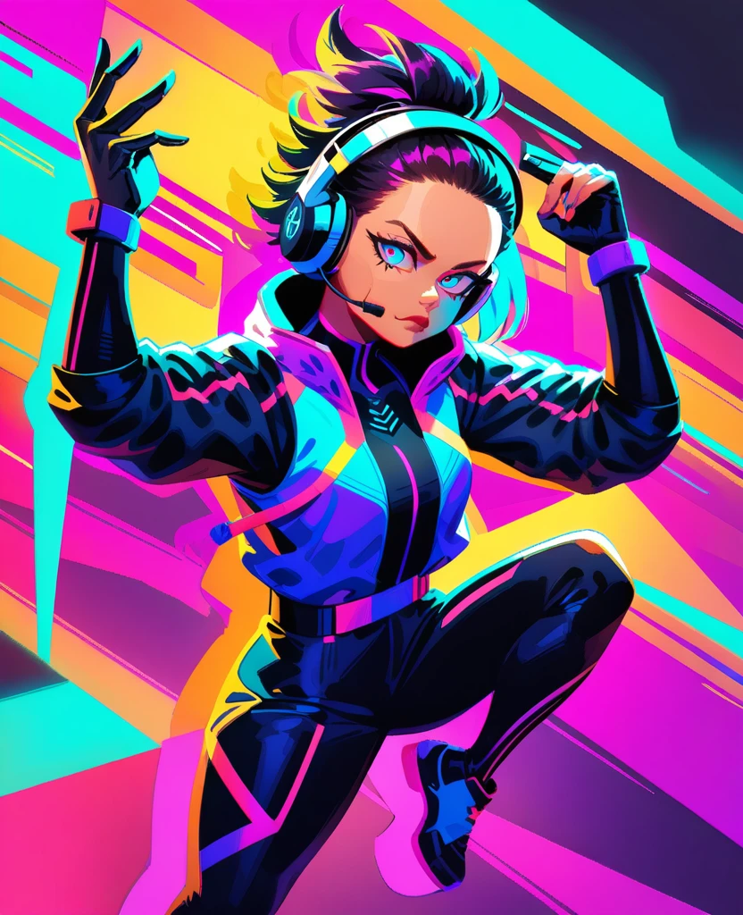stylish,
female,
gamer,
full body,
dynamic pose,
vibrant colors,
neon accents,
gaming headset,
futuristic outfit,
cyberpunk influence,
holding game controller,
confident expression,
sleek hairstyle,
eye-catching background,
digital art style,
high contrast,
sharp details,
YouTube icon worthy,
memorable design,
cool attitude