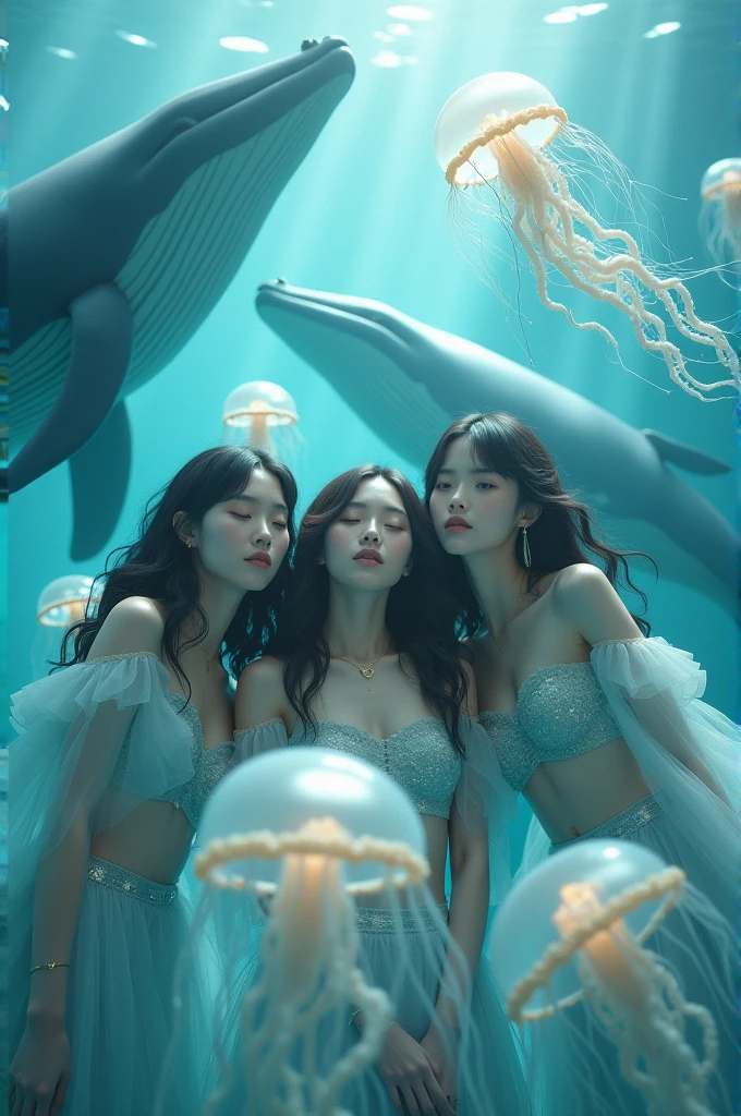 I'm taking photos for a new concept album. Create a girl group concept photo with 3D jellyfish and whales