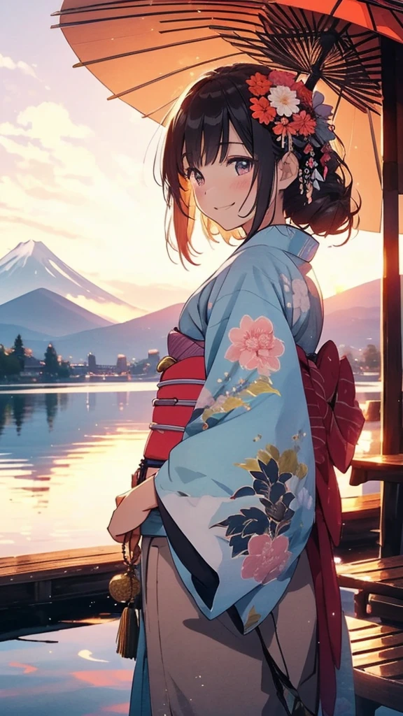 Highest quality、Lakeside in front of the mountain、Fuji Mountain、summer、evening、The sunset sky is beautiful、outside of home、young、Smile on screen、Beauty with attention to detail、picnic、Open the parasol、kimono、taisho roman --auto