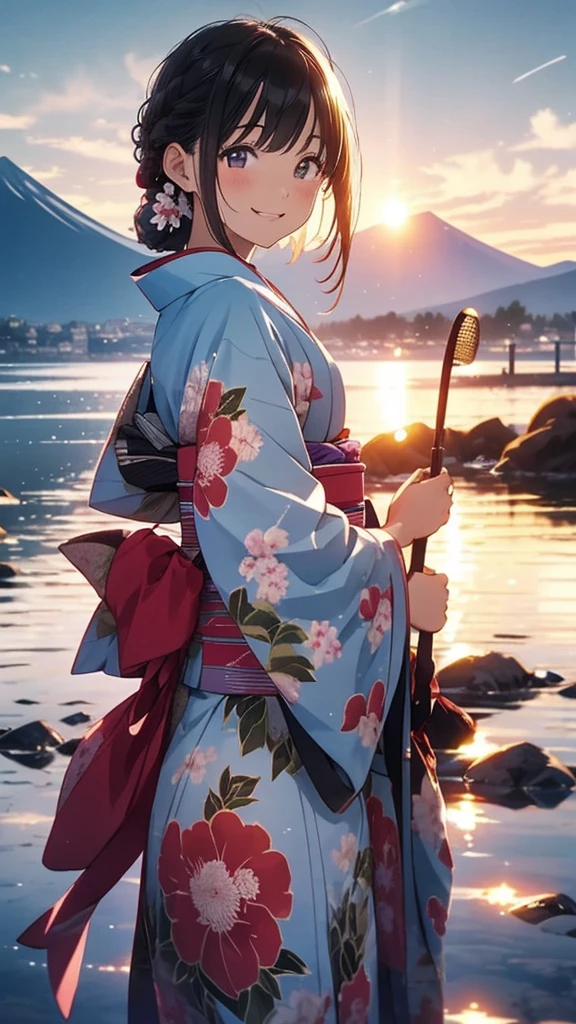 Highest quality、Lakeside in front of the mountain、Fuji Mountain、summer、evening、The sunset sky is beautiful、outside of home、young、Smile on screen、Beauty with attention to detail、picnic、Open the parasol、kimono、taisho roman --auto