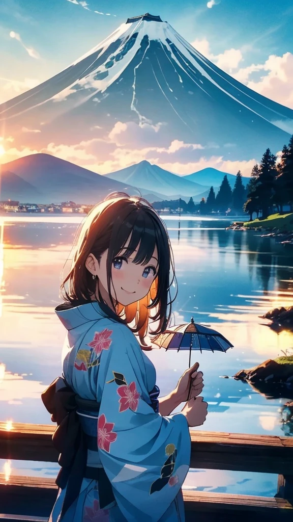 Highest quality、Lakeside in front of the mountain、Fuji Mountain、summer、evening、The sunset sky is beautiful、outside of home、young、Smile on screen、Beauty with attention to detail、picnic、Open the parasol、kimono、taisho roman --auto