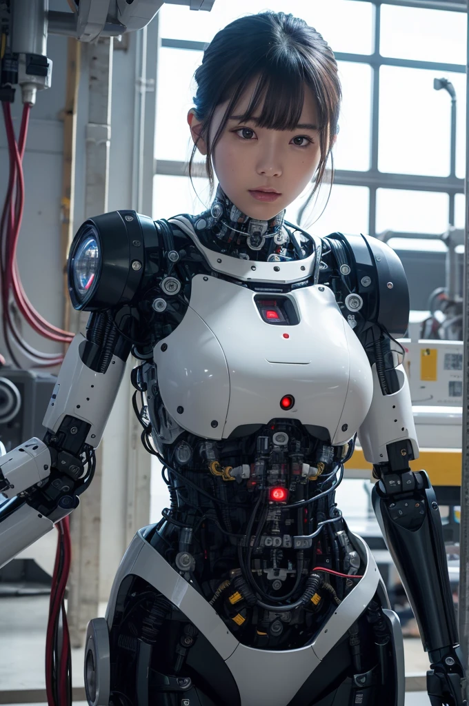masterpiece, best quality, extremely detailed, Japaese android girl,Plump , control panels,android,Droid,Mechanical Hand, Robot arms and legs,Blunt bangs,long tube,thick cable connected her neck,（robot-assembly plant:1.4）,She is assembling now,（assembly scene:1.5）,