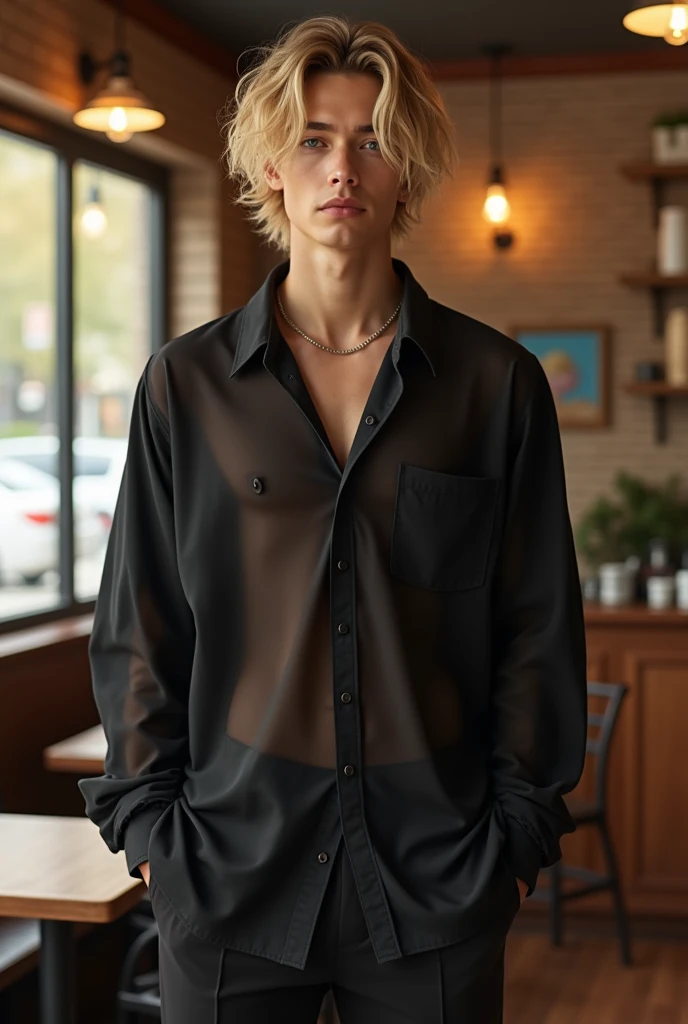 GU's easy care sheer oversized(black、Long sleeve)Handsome Japanese male college student wearing。Her hairstyle is a blonde mash、I'd like a cafe in the background.。