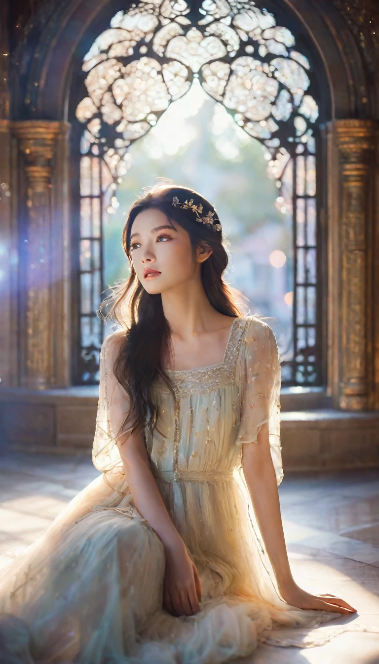 The image depicts a serene, ethereal scene with a young woman sitting gracefully. She is dressed in a flowing, light-colored dress adorned with delicate embellishments. The background features intricate, ornate architecture with soft lighting that creates a dreamy atmosphere. The setting appears to be indoors, with light filtering through, casting a magical glow around the woman. The overall aesthetic of the image is elegant and otherworldly, with a soft, pastel color palette and sparkling elements that add to the enchanting feel., cinematic still, emotional, harmonious, vignette, highly detailed, high budget, bokeh, cinemascope, moody, epic, gorgeous, film grain, grainy, beautiful eyes, beautiful face, beautiful lips, best quality 32k.