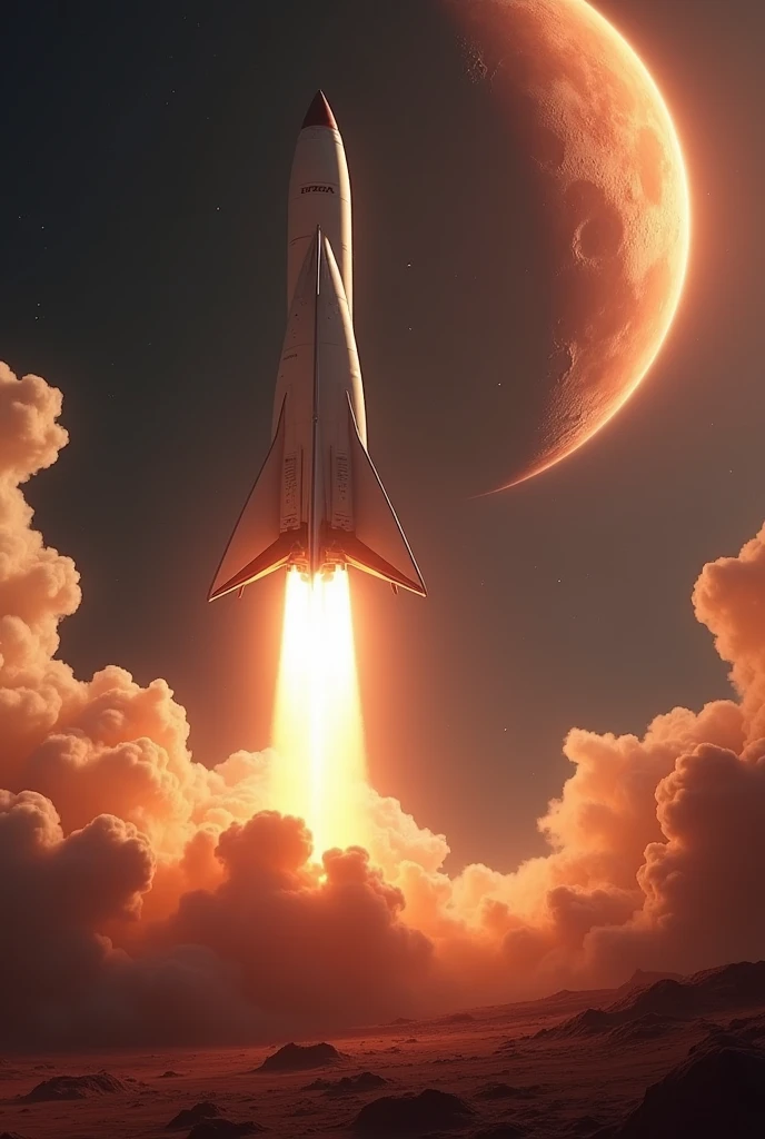 The Starship rocket launching towards Mars, with the planet in the background, symbolizing the future of space exploration."