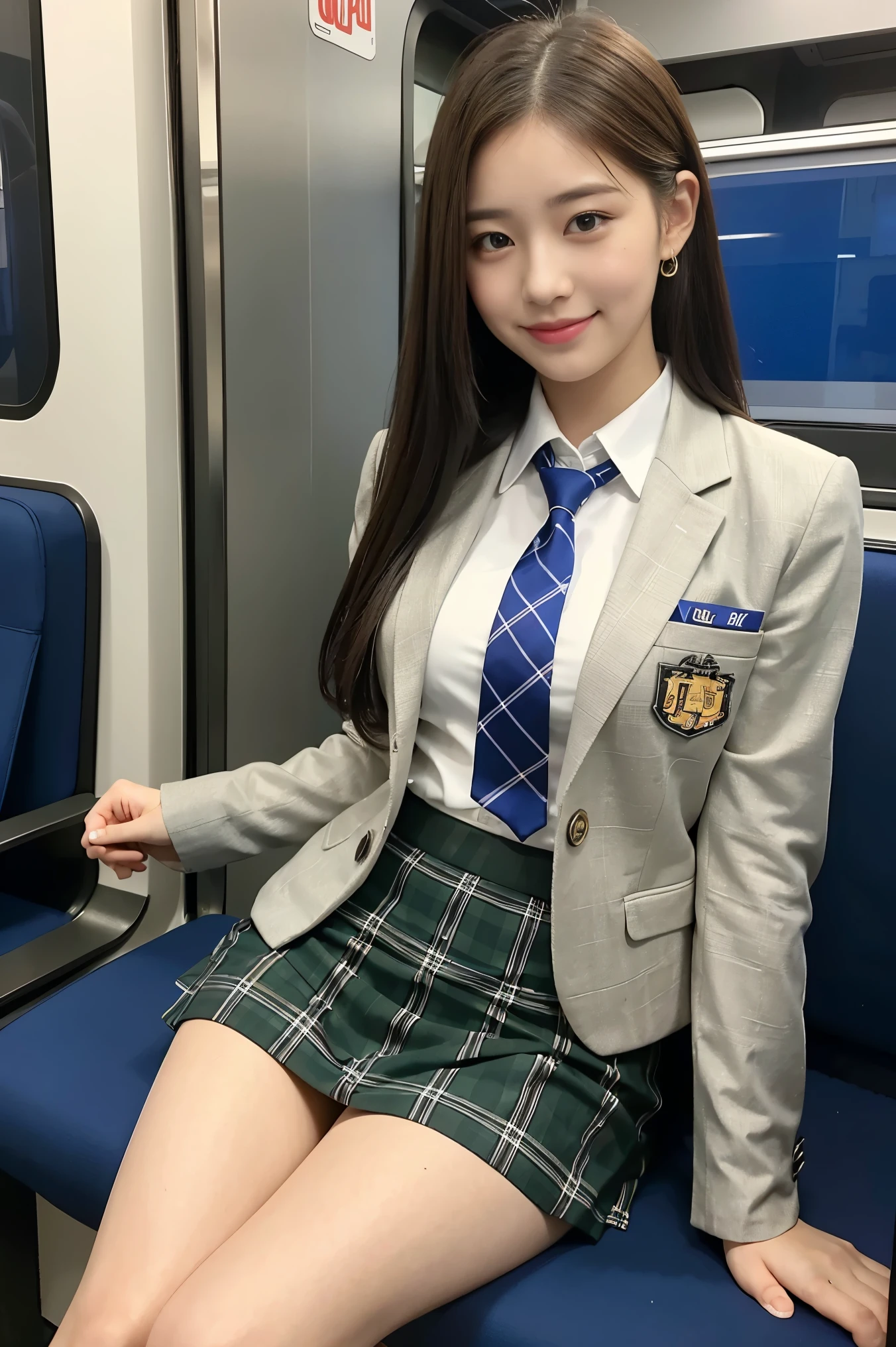 (8K), (highest quality: 1.2), (realistic), (realistic: 1.37), ultra high resolution, 1 girl, cute, smile, closed mouth, beautiful details, beautiful nose, silky hair, giant dulcefo, pork, thighs，Self snap,University Student Uniform,Sitting on a Tokyo train,simple blazer,pleated skirt,(The pattern of the skirt and tie is a tartan check pattern..:1.3), shiny legs 