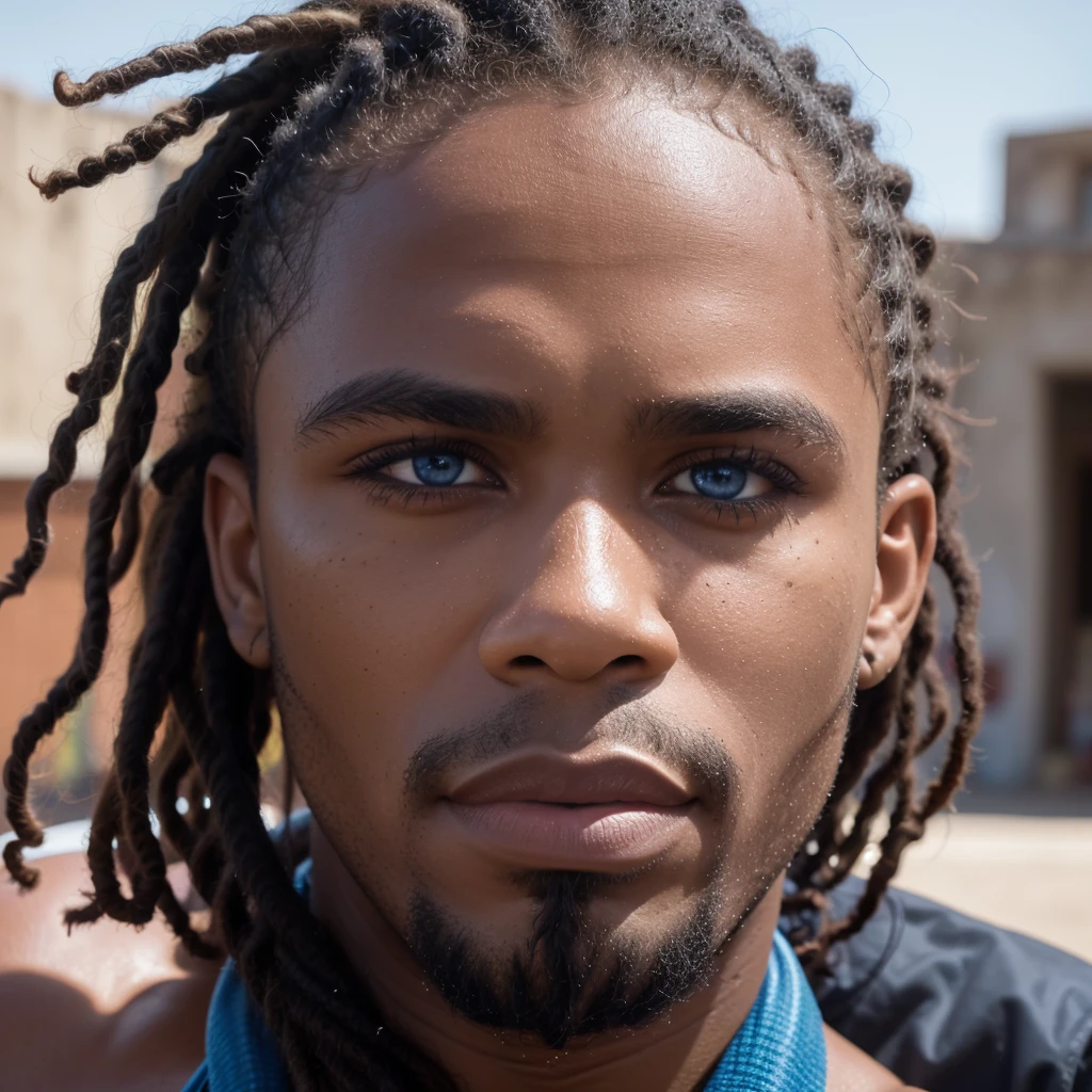 Front View, Centered,Ultra-realistic RAW portrait, Extreme close-up, young black man, dreadlocks, blue eyes, photo, cinematic