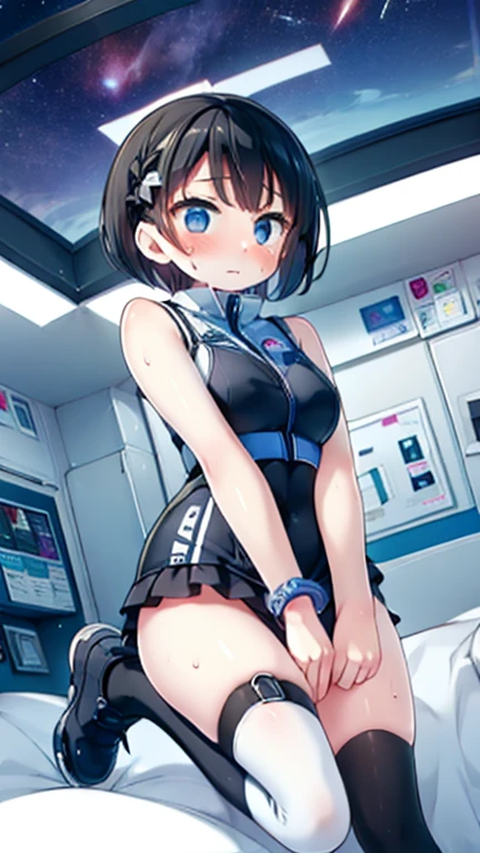 (Highest quality), (masterpiece), 1080P, High resolution, 4K, 8k, Inside the space station、Futuristic room、Thigh straps, Shooting from directly below, The woman on top of me, 白いSweat, Covered , Sweat, Woman looking down, Skirt swimsuit, Thigh-high socks, To achieve this, , , whole body, Black leather shoes, Braided hair, Inner Color, Embarrassed face, Short black hair, bracelet, Bedroom,celestial body_Vest