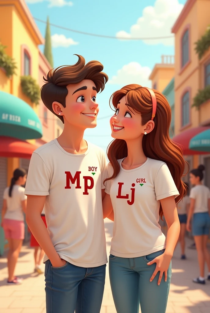Create an image of a couple waring shirt withtag Mp is for BOY and Lj for GIRL!! 