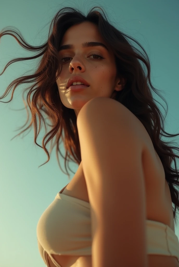 cinématographique, photographie de mode, plan du corps entier, plan grand angle, plan de dos, vue de dos, plan en contre-plongée extrême, femme latino-américaine, belle, peau claire, yeux marron clair, quelques taches de rousseur subtiles, joueuse et libre avec les mains, elle porte des leggings, son cou est visible grâce à une magnifique