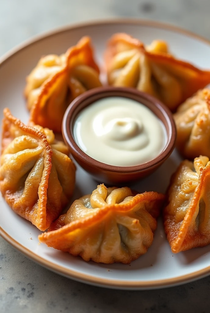 (photorealism:1.2), fried momos, representative, for menu, with mayonnaise, photography