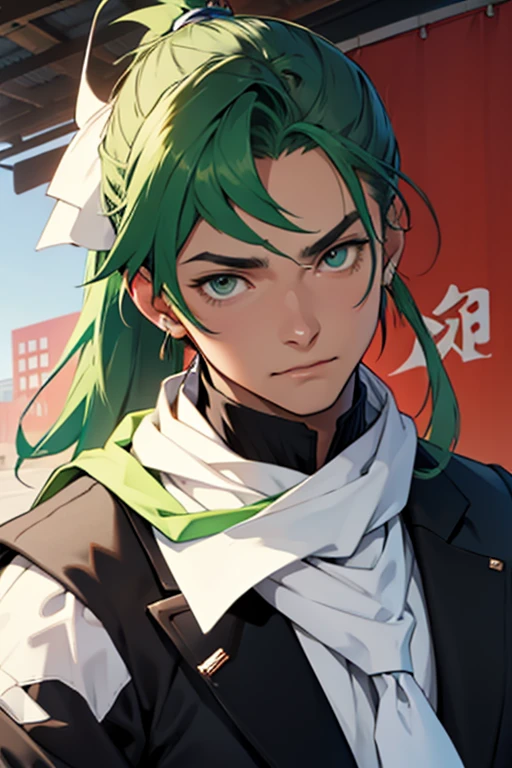 White neckerchief、green haired man、ponytail、Black suit、