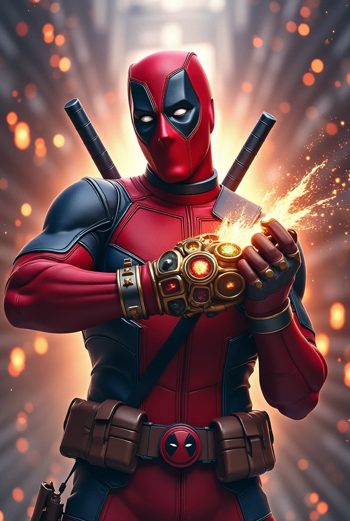 Deadpool holding the infinity gauntlet, traveling in multiple directions