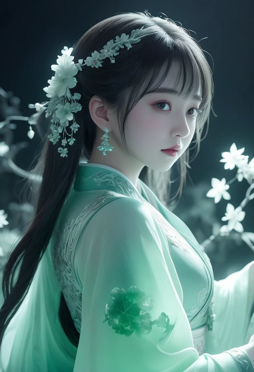 Jade fragment，luminescent，1 girl，。(best quality,4K,8K,high resolution,masterpiece:1.2), (Practical,Reality,Photo-real:1.37).，shining，Beautifully，monster，Unreal Engine 5，texture，Three-dimensional figures wearing Hanfu,Minimalism and abstract illustration, Chinese ink painting style, Chinese rice paper texture, Light penetrates the air, Fractal effect, Phosphorescent scene effects

