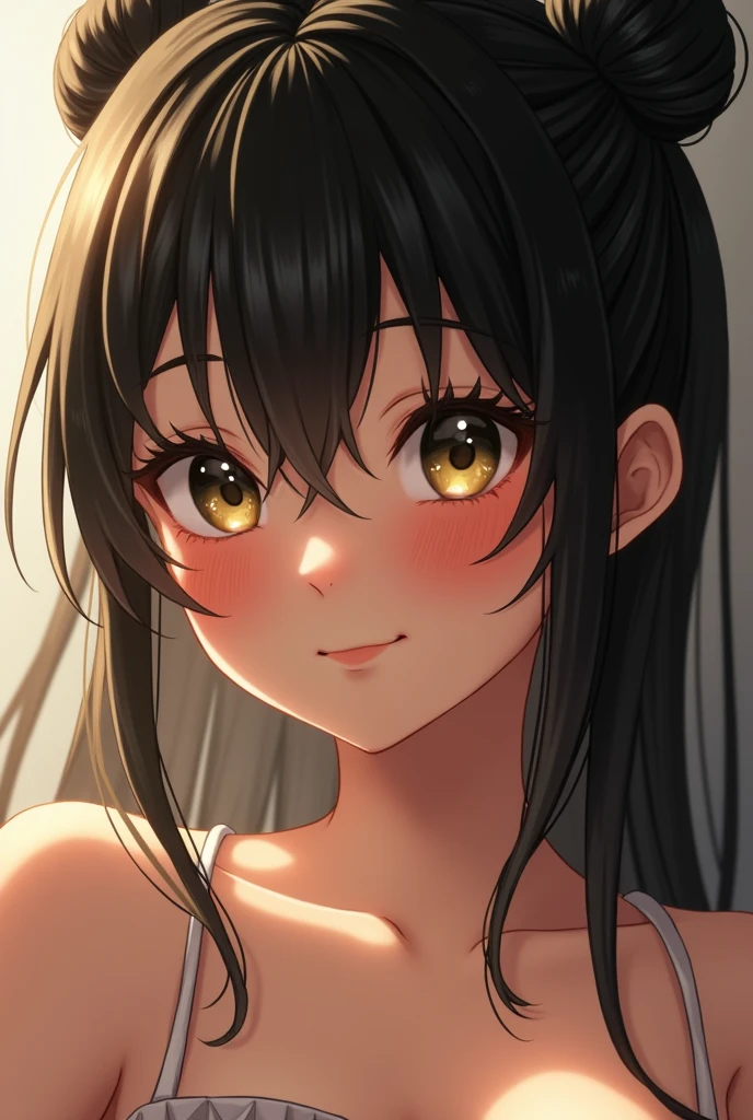 black hair, hair bobbles, wince, longeyelashes, light smile, ear blush, ccurate, Mate de peau, Sun, naked, stereogram, tachi-e, pov, atmospheric perspective, 8k, super detail, best quality