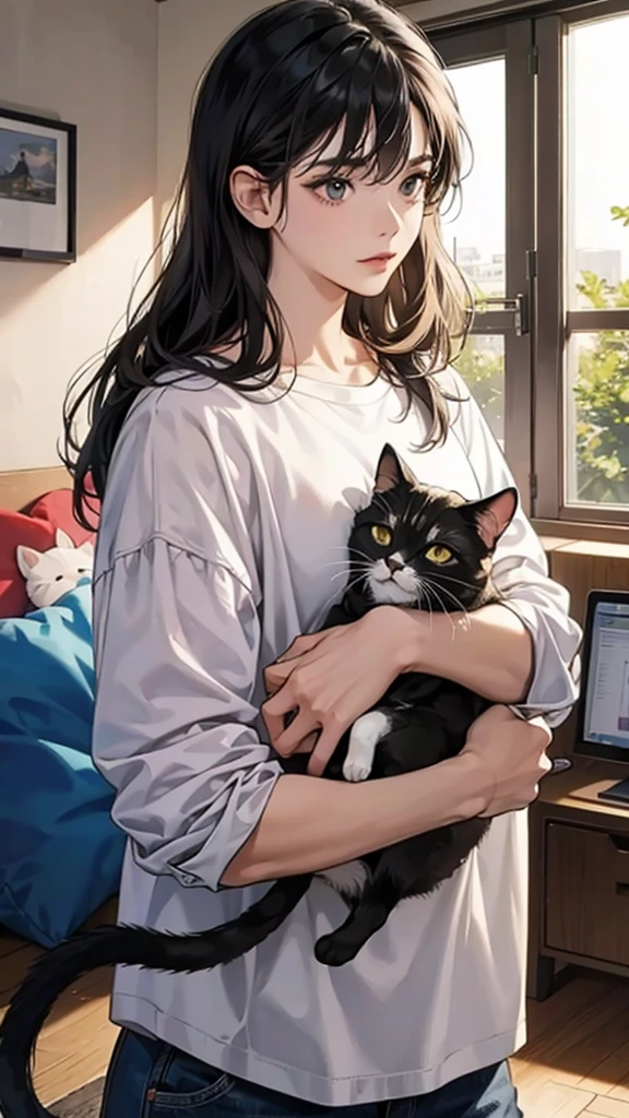 college student couple,Still face, black hair, Multiple cats,Carrying a cat, living room