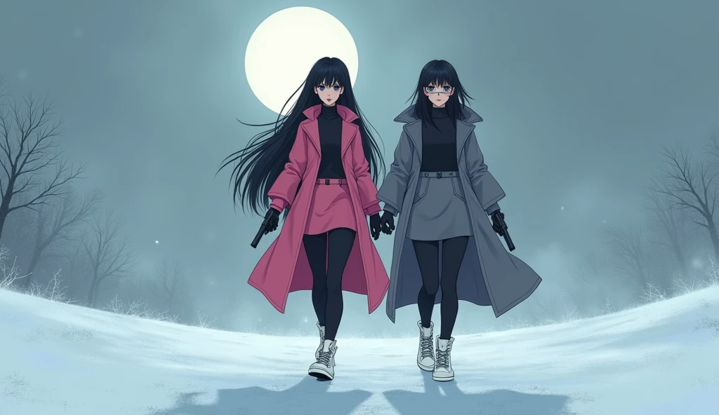 Two girls, long black hairs, yuri, Vampire Hunters

The first girl wear a pink long coat, black shirt, pink pencil skirt, black underpants, black tights, black gloves, black socks, white sneakers high top.

The second girl wore a grey long coat, black shirt, grey pencil skirt, black underpants, black tights, black gloves, black socks, white sneakers high top.

holding a handguns, walking to the moon on the snow foggy, snowing, grey blue sky, moon, cartoon novel, 4K, HD