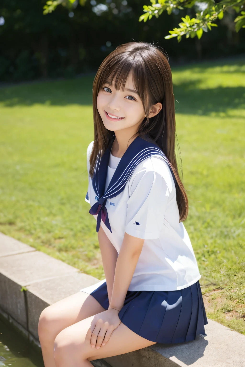 (masterpiece,Highest quality,Ultra-high resolution),Japanese women, so beautiful, Innocent Girl、、(Perfect limbs、Perfect Anatomy),(Long Hair).Cute Sailor Uniform、Short-sleeved sailor uniform、Super short skirt in navy blue、pure white、Glowing Beautiful Skin、Watery eye、Shiny brown hair、The colors and landscapes of youth、Feelings of love、smile